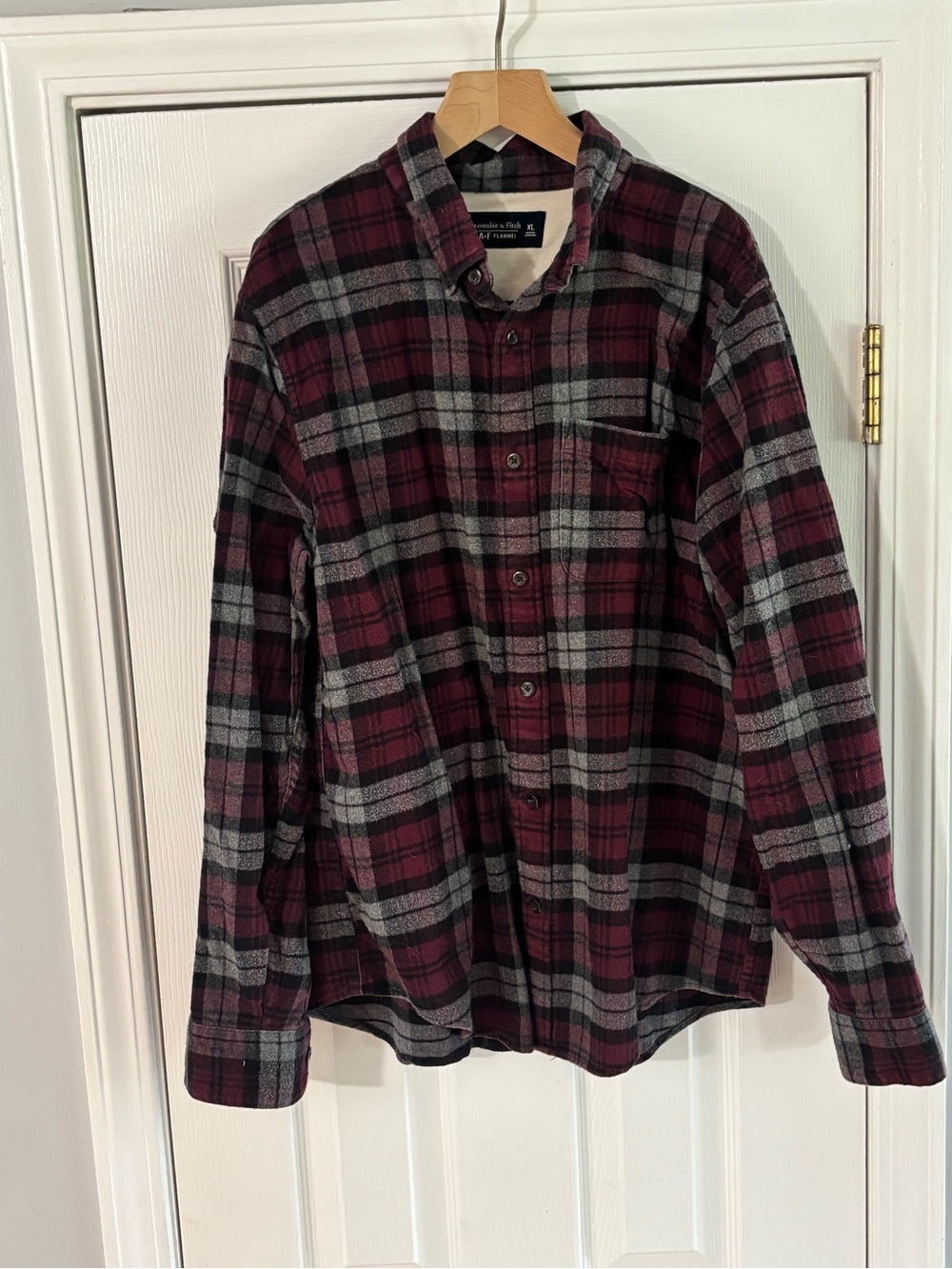 Abercrombie and Fitch Men's Burgundy Plaid Button-Down Shirt - Casual Flannel